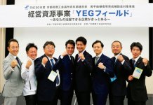 京都YEGの西村寛和会長（右から3人目）、宮本康史部会長（中央）、阪本貴之副会長（中央左）と担当部会の理事ら。成功を祈って開催前に撮影