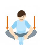 股関節ストレッチ①
床に座って左右の足の裏を付け、両手で両足首をつかむ。反動をつけずに肘で膝をじわりじわりと下に押していく。無理のない範囲で数回繰り返す。