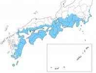 図1：南海トラフ巨大地震により被災が想定される地域
出典：内閣府　防災情報のホームページhttps://www.bousai.go.jp/jishin/nankai/taisaku_wg/5/pdf/3.pdf の図を加工して作成