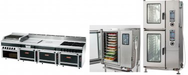 同社の主力製品であるスチームコンベクションオーブン（右）、ガスレンジなどの厨房機器