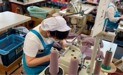 同社ではベテラン従業員が熟練の技術で多種類の繊細な下着を縫っている