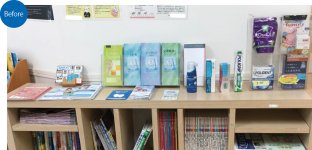 ある歯科医院の例。待合室のラックの上はパンフレットをメインに置き、歯科衛生商品はアクリルケースに入れていた