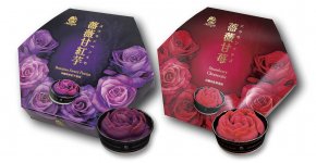 ぜいたく気分が味わえる、優しい甘さの紅芋スイートポテト「薔薇甘紅芋」（左）と、まろやかなストロベリーチーズケーキ「薔薇甘苺」の２種類を展開。各2160円（税込）