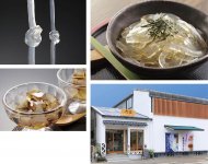 ところてんのイメージを変える強い弾力性がある（右上）、直営ショップには商品が充実している（右下）、結んでもちぎれない（左上）、結べるところてんを四角にしたタイプのサイコロ寒天（左下）