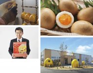 半熟がうれしい「スモッち」（右上）、山形市内の直営店には商品が充実している（右下）、1個1個手作業で燻製卵を仕上げていく（左上）、半澤鶏卵社長の半澤清彦さんが笑顔でアピール（左下）