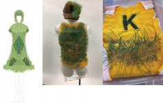 大阪・関西万博で展示予定の「光合成する服」は生地から本物の植物が生えている（左：完成イメージ、真ん中・右：開発中）