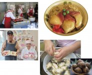 ホッキガイの大きさをご覧あれ！（右上）、新鮮なホッキガイを丁寧に仕込む（右下）、店頭ではつくり立ての弁当も取り扱う（左上）、「ほっきごはんの素」「ホッキカレー」などを全国に発送している（左下）