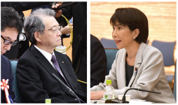 会合で発言する高市首相（右）と小林会頭