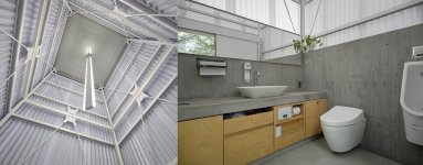 インフラスタンドのモダンな多目的トイレ。高い吹き抜けによる自然換気で、熱気や臭いがこもらない設計