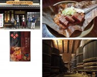 高山市内のホテルのレストランでも使用される朴葉みそ（右上）、木おけの中でじっくり熟成（右下）、歴史を感じる店頭でのスタッフの記念ショット（左上）、風味豊かな「地元料理店の朴葉みそ（具入り）」（左下）