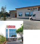 ファイブイズファームのジェラート店舗（上）、ファイブイズホーム本社屋（下）