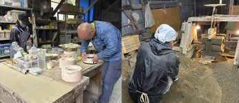 切り出された珪藻土のブロックは手彫りで成形された後、磨きをかけて塗料を塗り、仕上げに金具を取り付ける