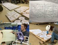 「デザイン畳」を制作する過程。イメージ画（❶）から型紙作成（❷）、型紙に合わせて畳床を切り（❸）、畳表を曲げ、縫い合わせる（❹）