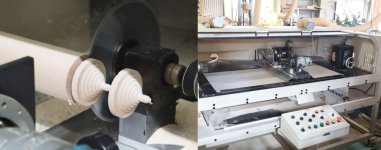 3D加工機械で独楽にひもを巻きつけるくぼみを加工。仕上げ削りや絵付けは、手仕事で行う