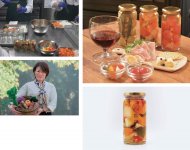 日常の食卓にもパーティーにも映えるピクルスの数々（右上）、にぎやかな彩り、いろいろ野菜のピクルス（右下）、宇都宮産野菜を中心に、種類豊富な野菜を丁寧に漬け込む（左上）、株式会社Cooking＆Glowの代表取締役・金原恵美さん（左下）