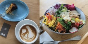 カフェでは自家焙煎のコーヒーを提供。読者以外の地域住民ともつながる拠点として機能している。新鮮な地元産の野菜を使った彩り豊かなサラダボウルが好評