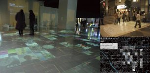 位置情報付きの写真群を地図上に配置し、床面に投影した「時空間ポエマー」。街を歩くように風景をたどる。東京・六本木（左）、仙台・一番町（右上）、東京・恵比寿（右下）