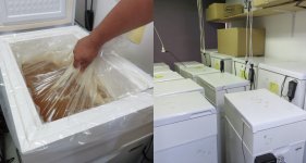 専用のビニール袋に入った麦汁。ケースにすき間なく収まっている（左）。麦汁を種類ごとに貯蔵するための小型冷蔵庫が、所狭しと並んでいる