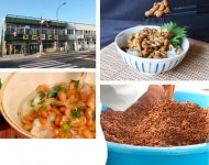 そぼろ納豆とご飯は最強の組み合わせ（右上）、製造工程は丁寧に優しく（右下）、1910 年創業の天狗納豆（左上）、お茶漬けにしてもおいしい（左下）