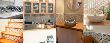 美濃焼タイルを使って藤垣窯業が開発した「DIYタイル」の使用例。キッチンや洗面台などを彩ることができる