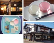 飾りたいほど美しい球体の飴（右上）、北国街道沿いにある髙橋孫左衛門商店（右下）、1624（寛永元）年創業。日本一古い飴の製造・販売店といわれる（左上）、瑠璃飴のほかにもさまざまな飴を販売している（左下）