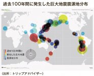 過去100年間に発生した巨大地震震源地分布（出所：トリップアドバイザー）
